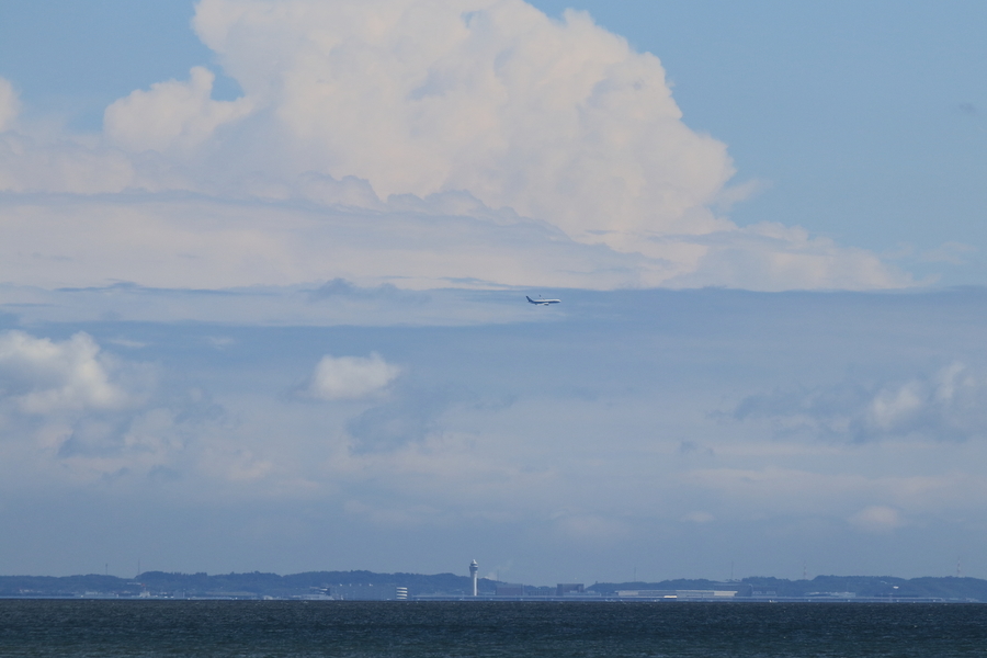 海と遠方には空港の管制塔が見え空には飛行機が飛んでいる画像