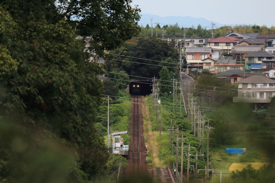 真っ直ぐな線路と小さな無人駅には一人の人がいる。線路の先のトンネルから列車が走ってきます。線路の周囲の風景も写っているの画像