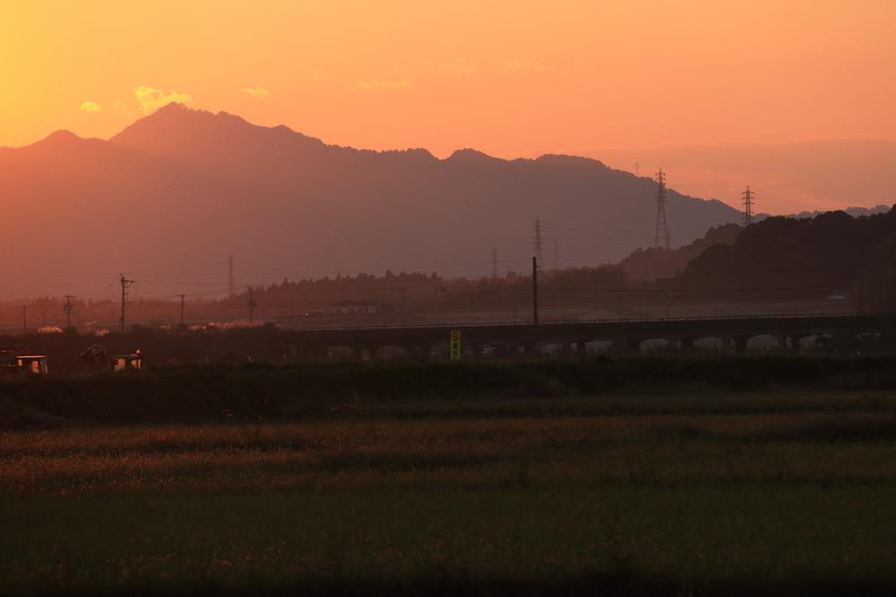 夕焼けで染まった山並みと田んぼの風景の画像