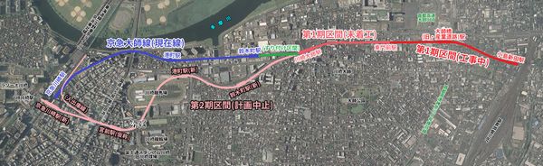 京急大師線地下化前後のルート比較。京急川崎～川崎大師間の第2期区間は建設中の川崎縦貫道路地下へ移設する計画だった。