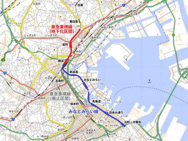 東急東横線地下化区間・廃止区間・みなとみらい線の位置。